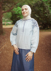 Balloon Sleeves Linen Embroidered Blouse