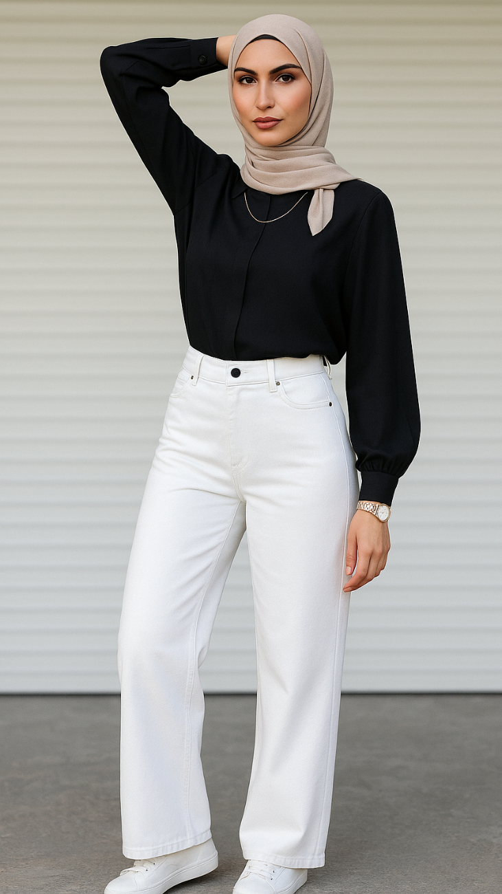 A woman wearing high-waisted white denim pants and a black top with cut-out details on the sleeves. She has accessorized with a necklace and is posing against a white background.
