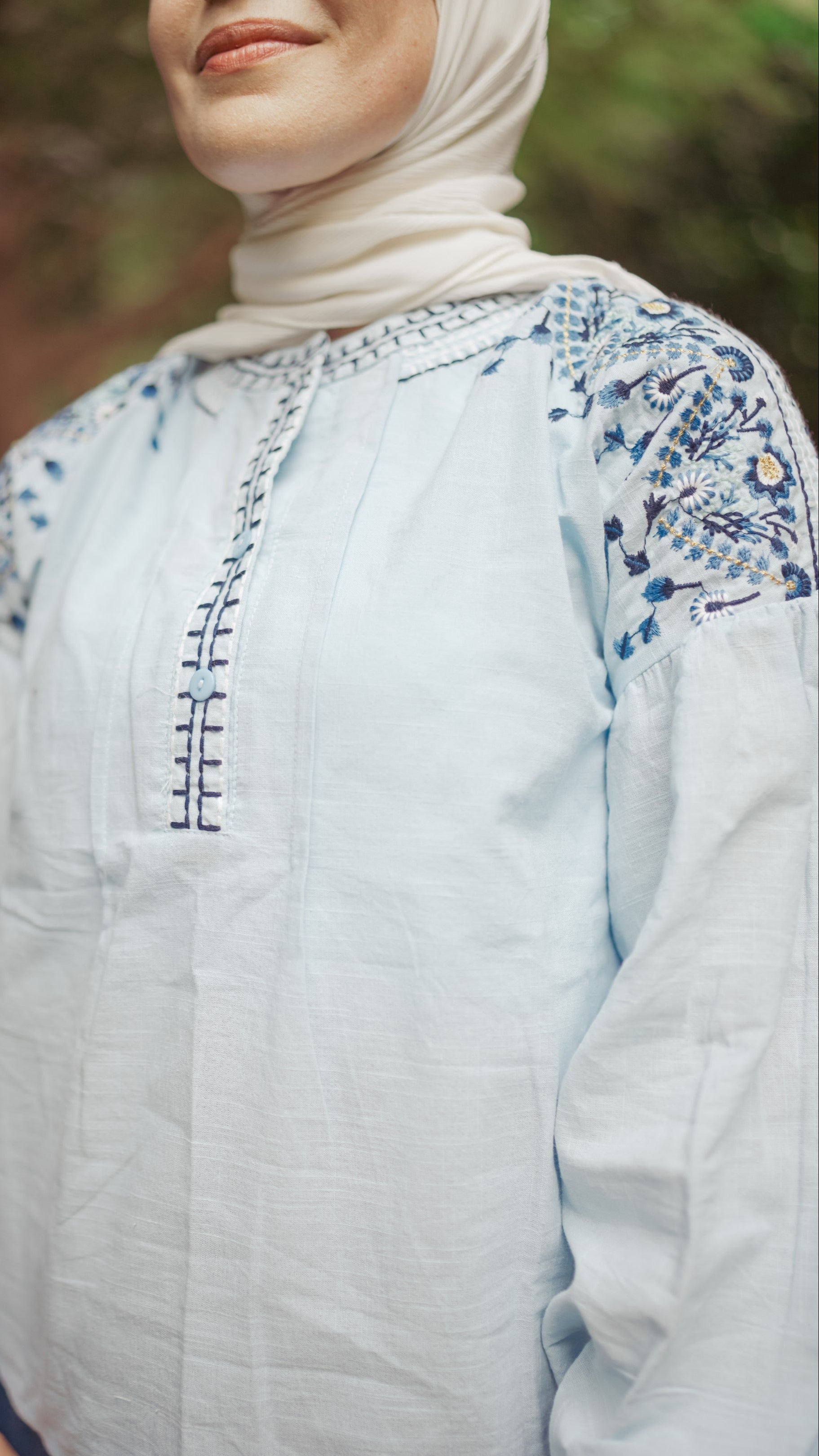 Balloon Sleeves Linen Embroidered Blouse