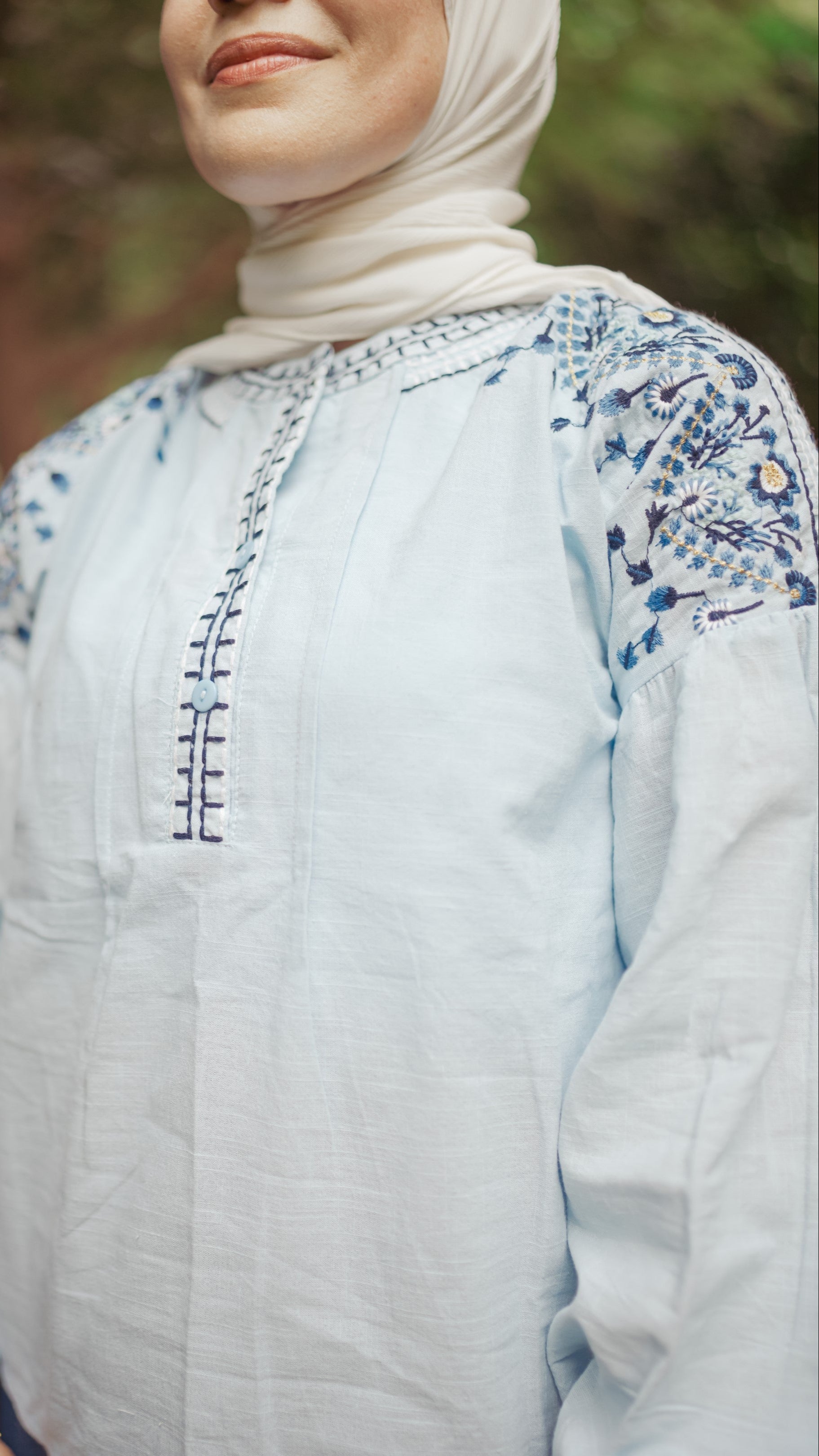 Balloon Sleeves Linen Embroidered Blouse