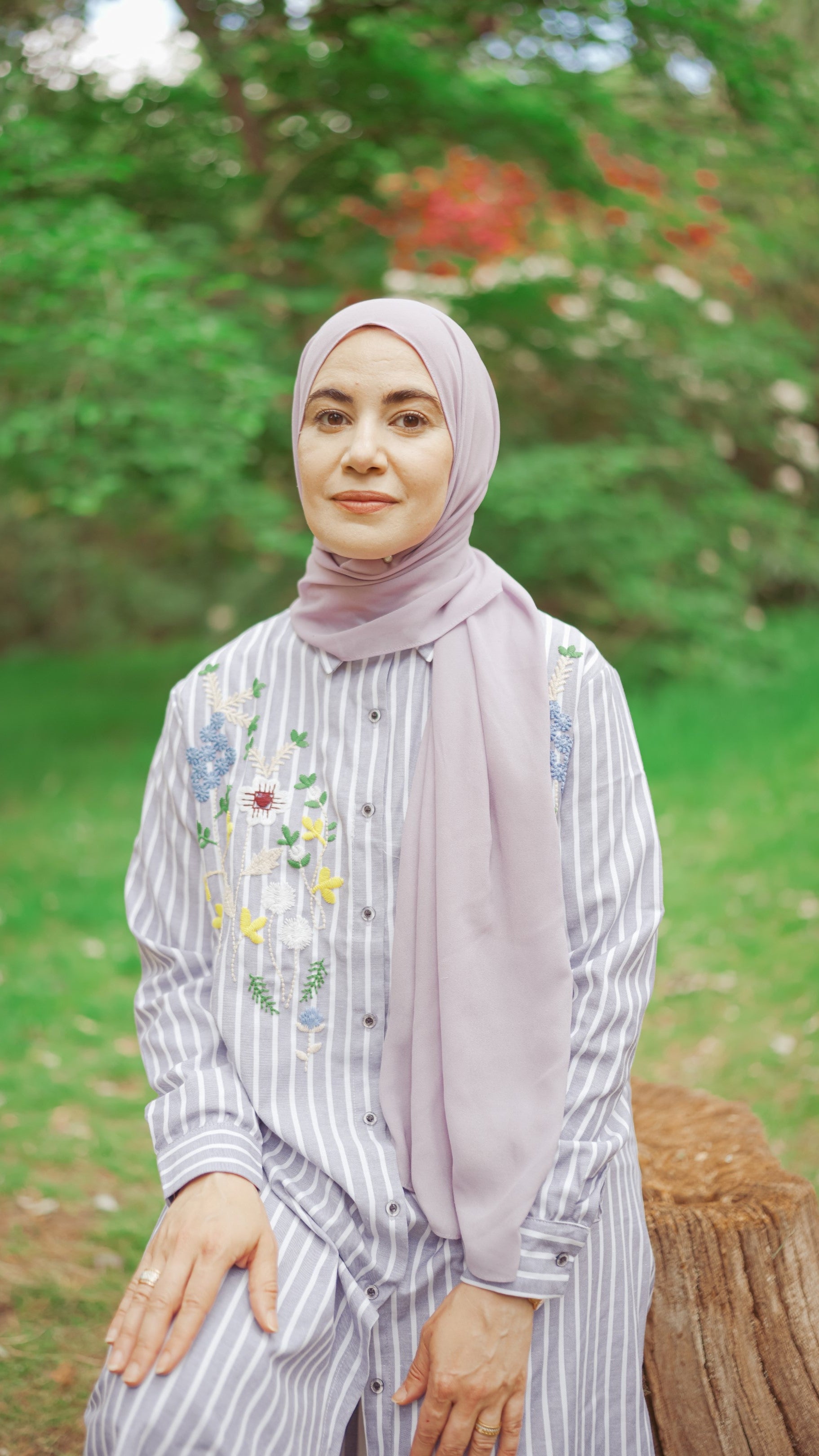 Striped Shirt Dress with Floral Embroidery