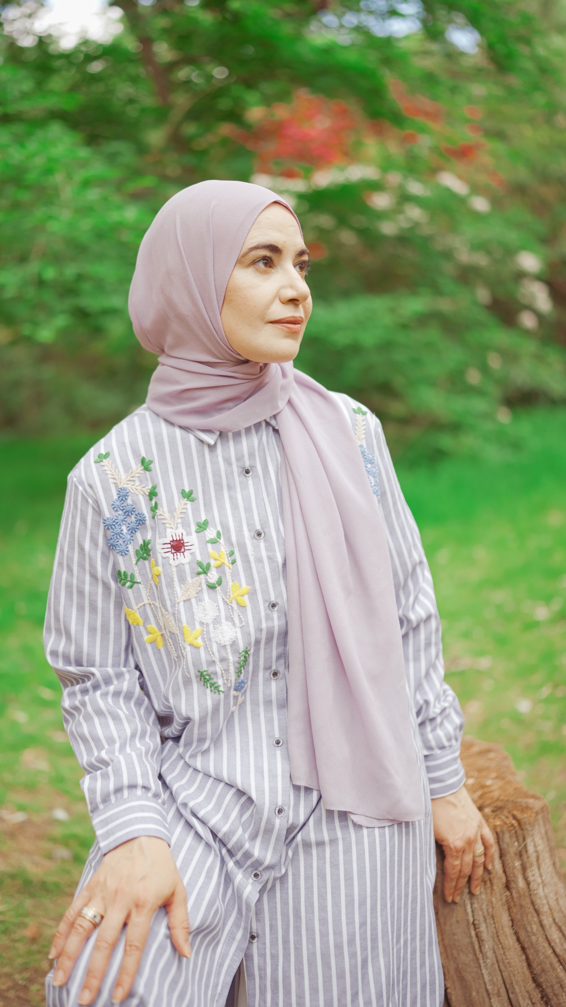 Striped Shirt Dress with Floral Embroidery