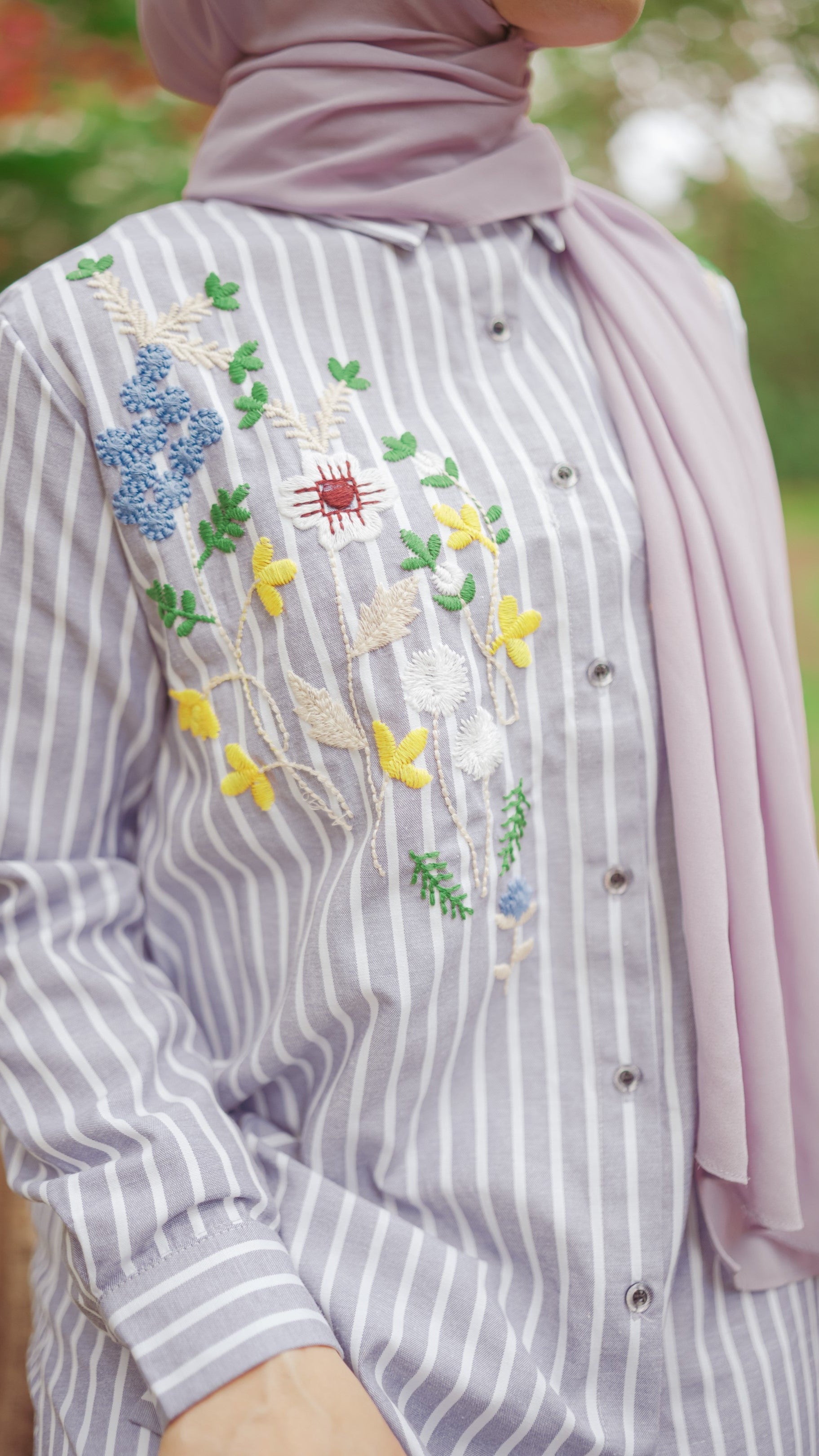 Striped Shirt Dress with Floral Embroidery