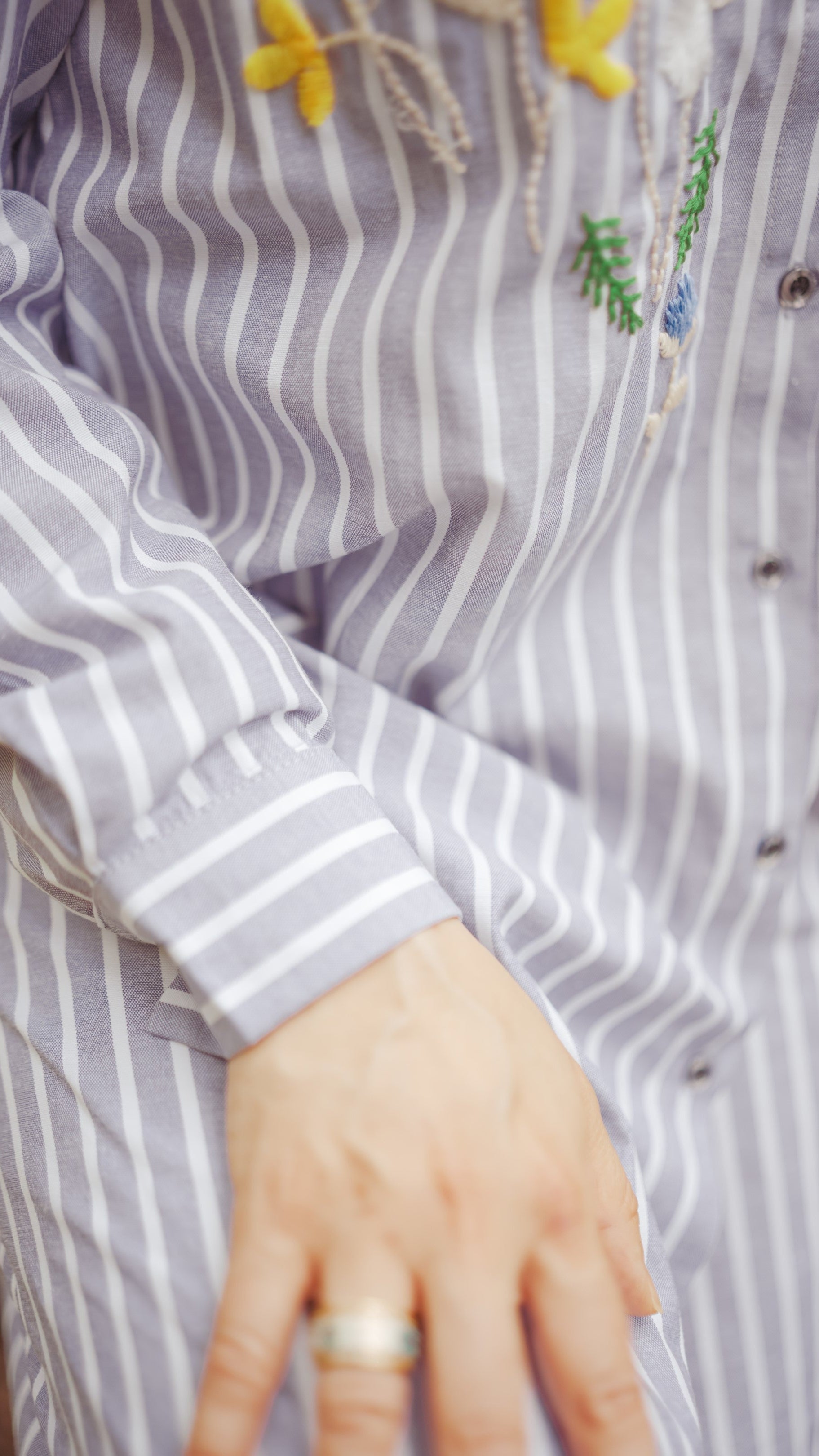 Striped Shirt Dress with Floral Embroidery