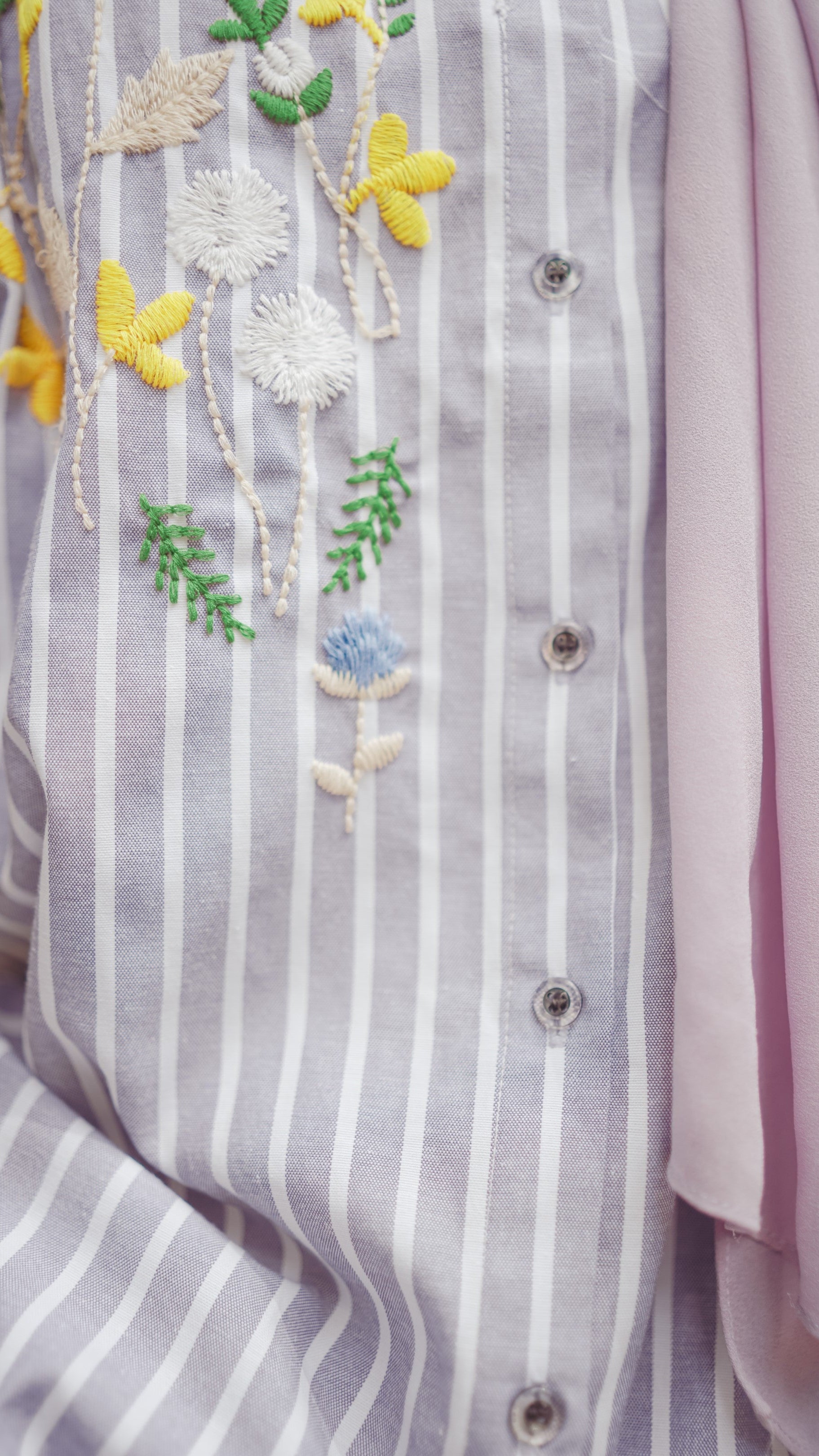 Striped Shirt Dress with Floral Embroidery
