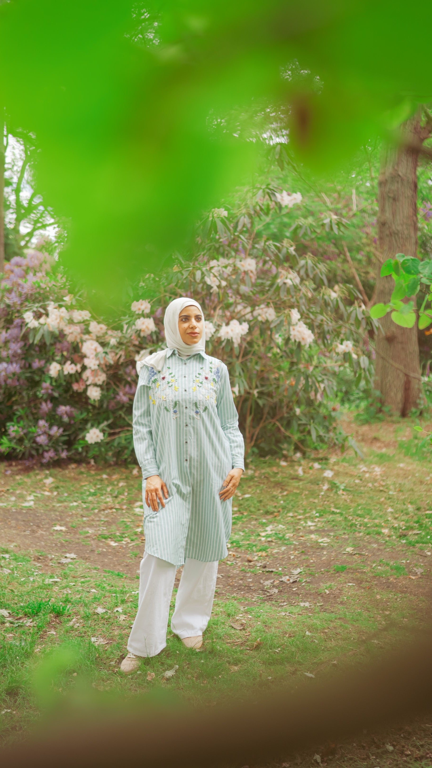 Striped Shirt Dress with Floral Embroidery