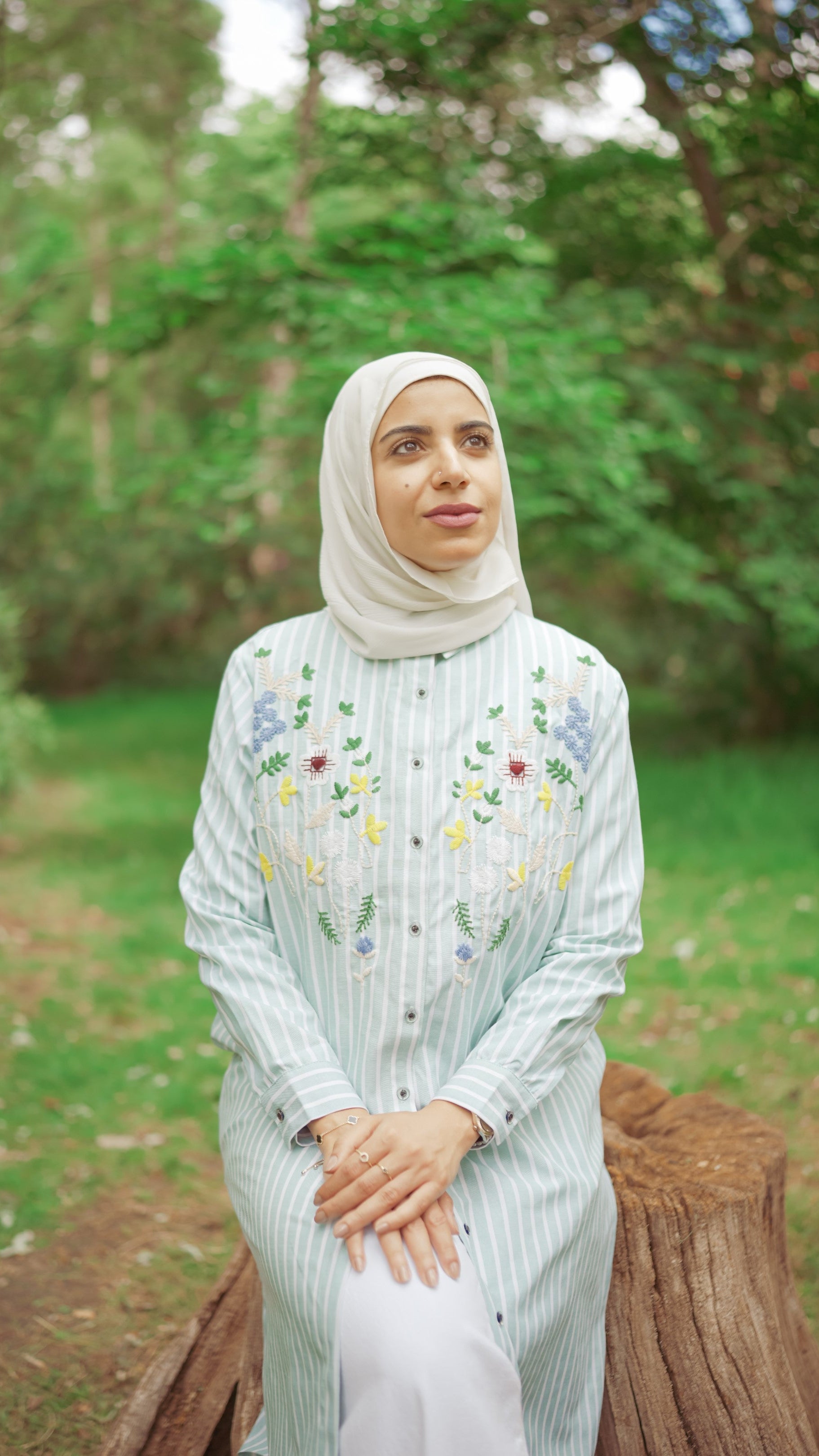 Striped Shirt Dress with Floral Embroidery