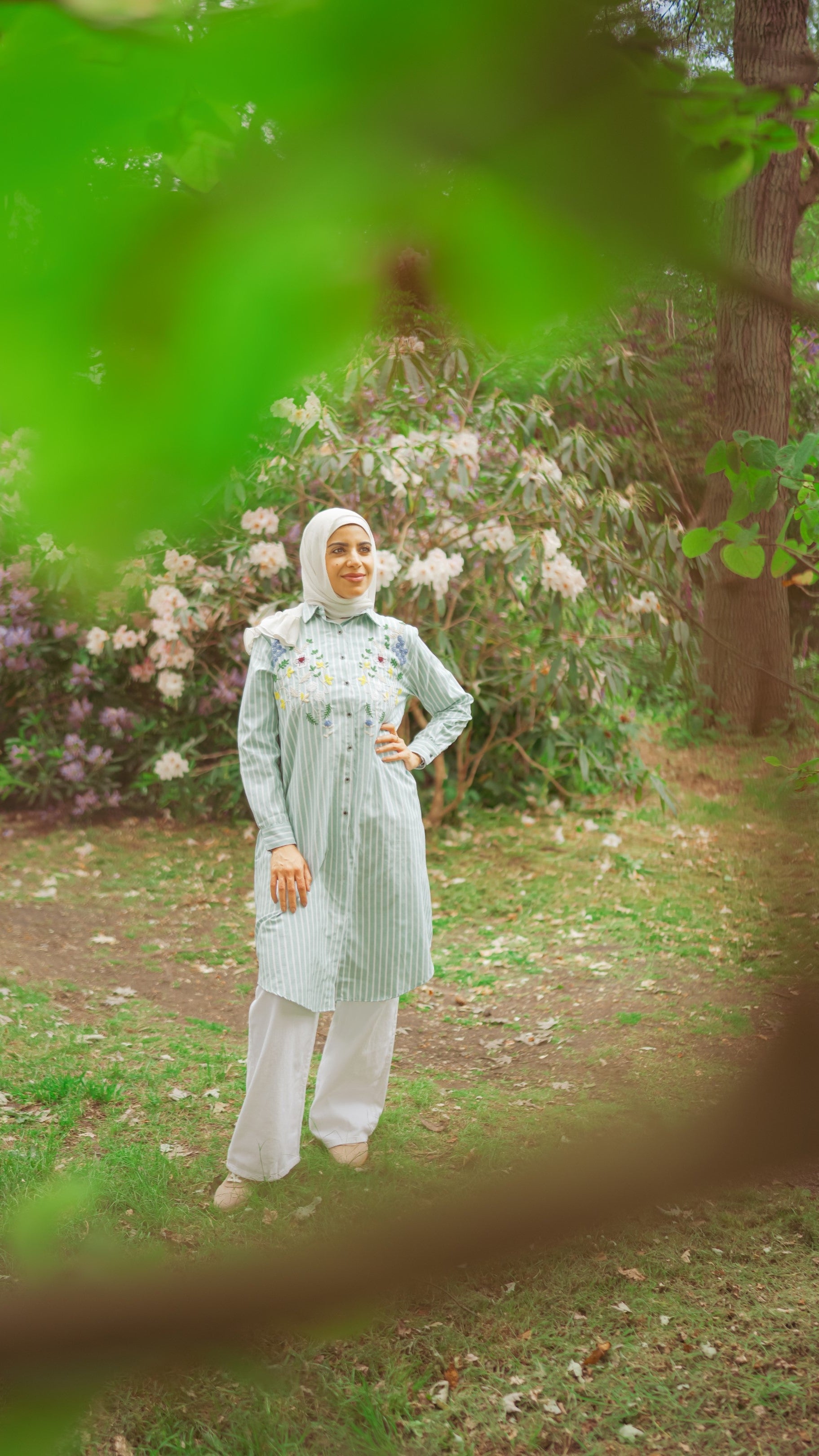 Striped Shirt Dress with Floral Embroidery