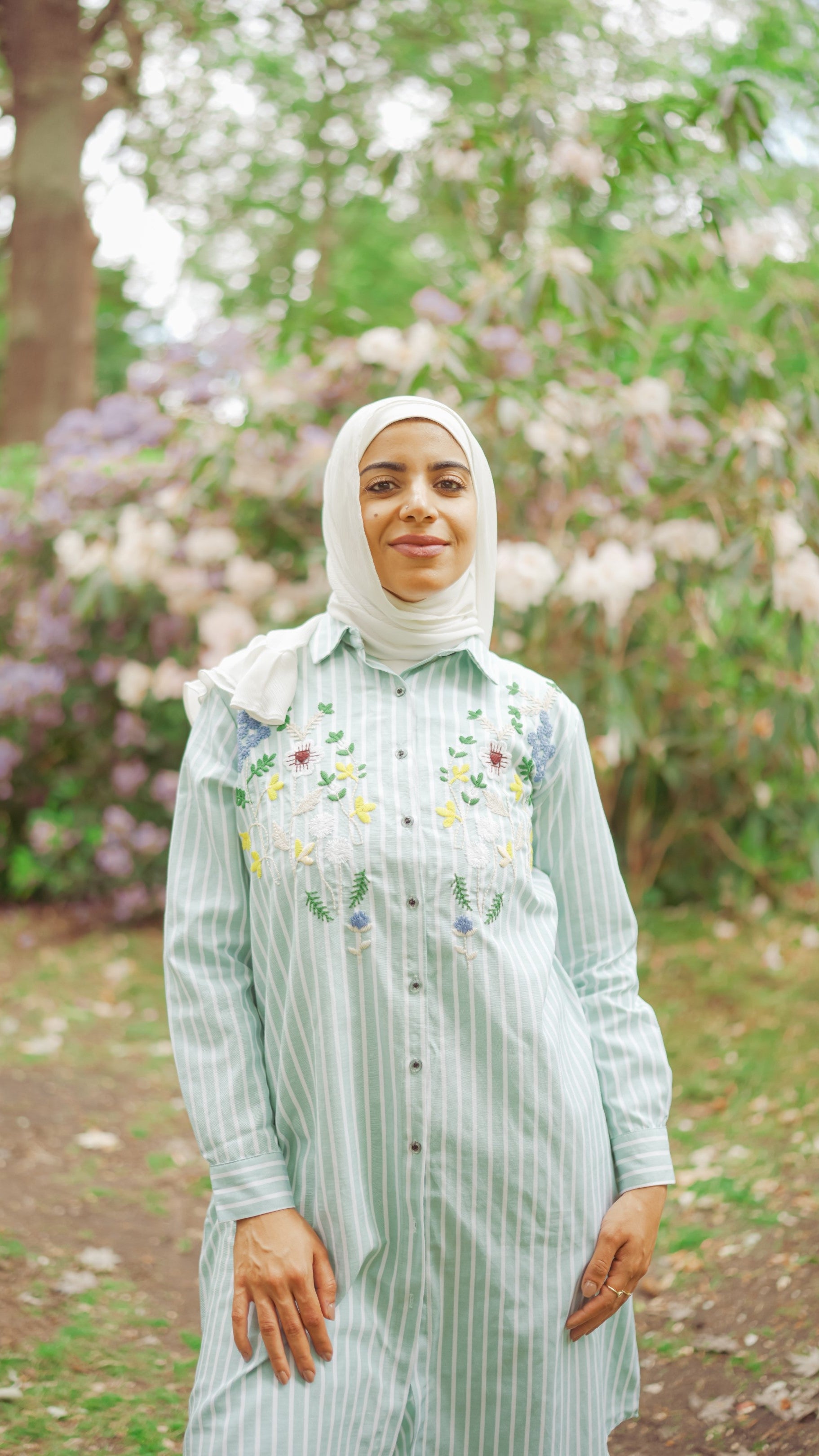 Striped Shirt Dress with Floral Embroidery