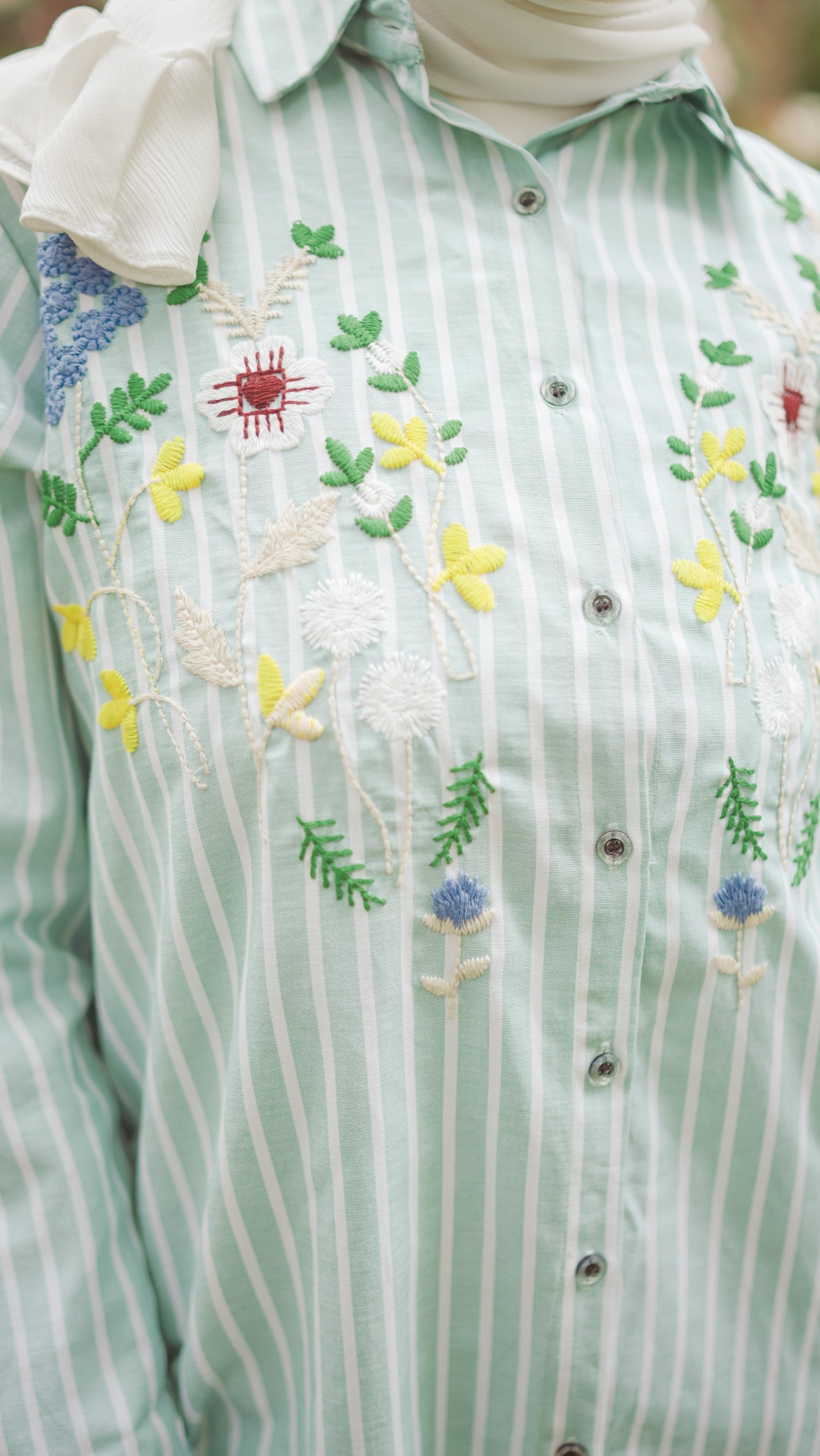 Striped Shirt Dress with Floral Embroidery